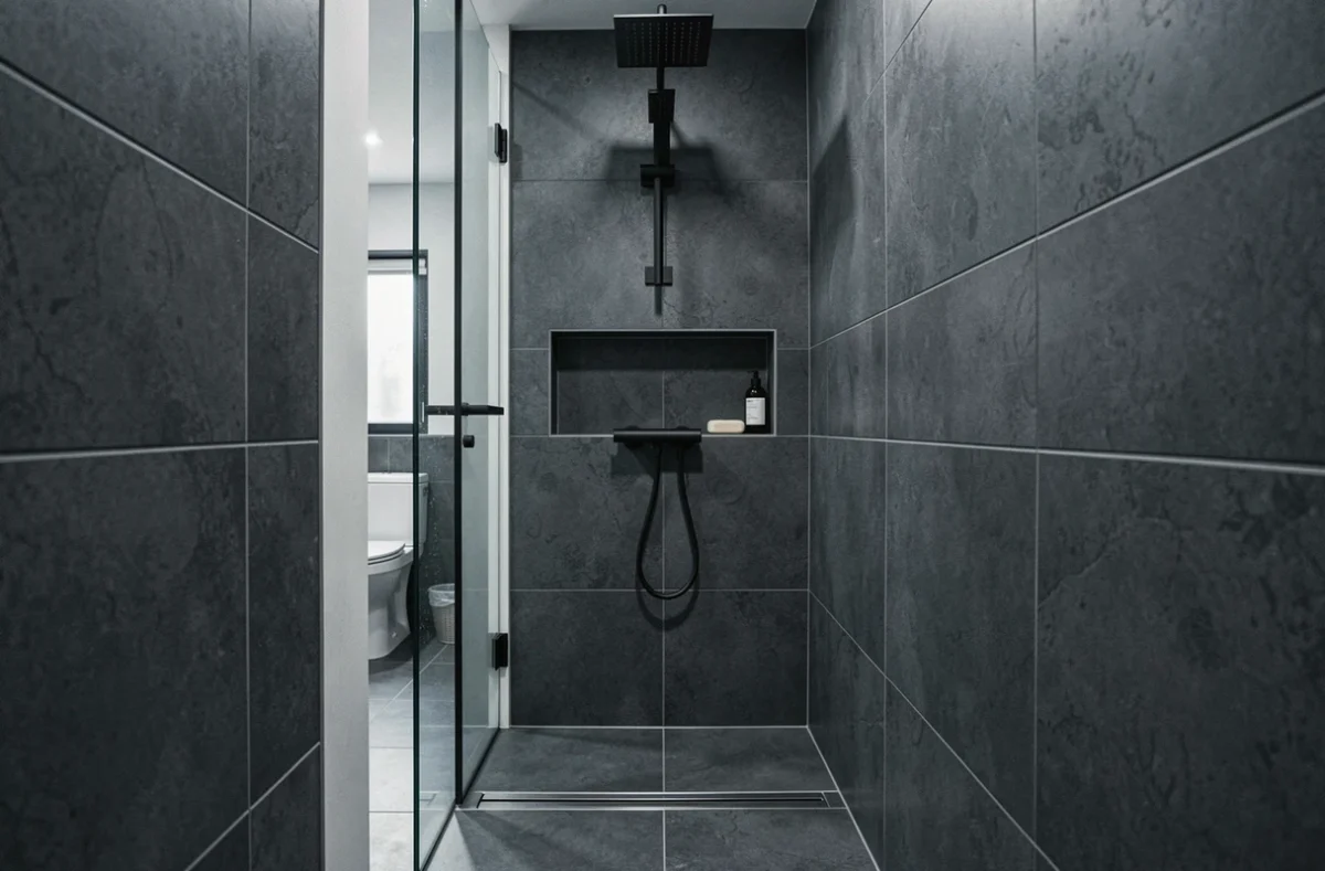 Douche à l'italienne avec carrelage anthracite et niche murale dans une salle d'eau compacte