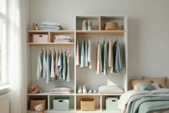 Kit dressing modulable pour enfant fixé au mur avec étagères réglables, tringles et paniers en osier dans une chambre de style scandinave
