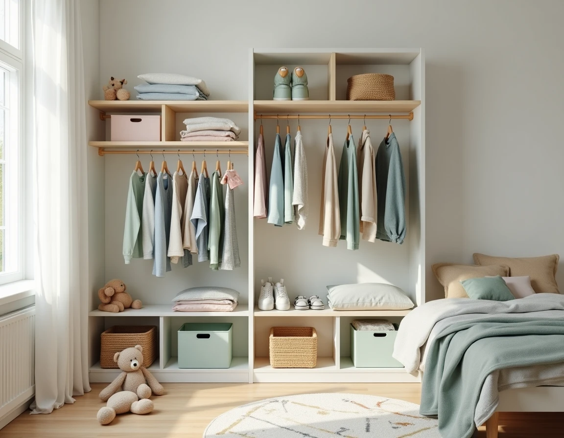 Kit dressing modulable pour enfant fixé au mur avec étagères réglables, tringles et paniers en osier dans une chambre de style scandinave