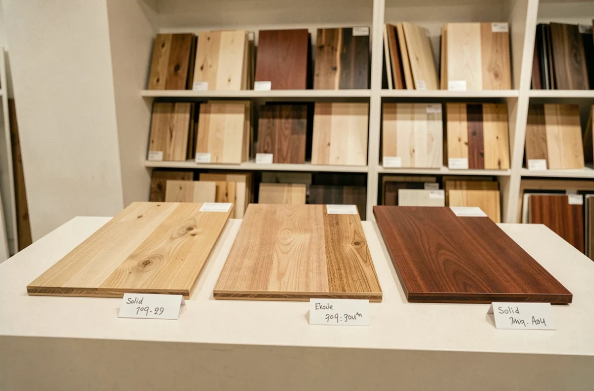 Échantillons de parquet massif en chêne, frêne et merbau exposés dans un showroom avec étiquettes de prix au m2
