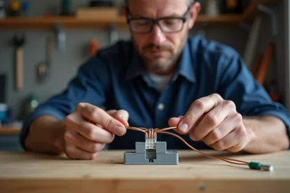 Électricien connectant deux fils de cuivre dans un domino électrique sur un établi en bois