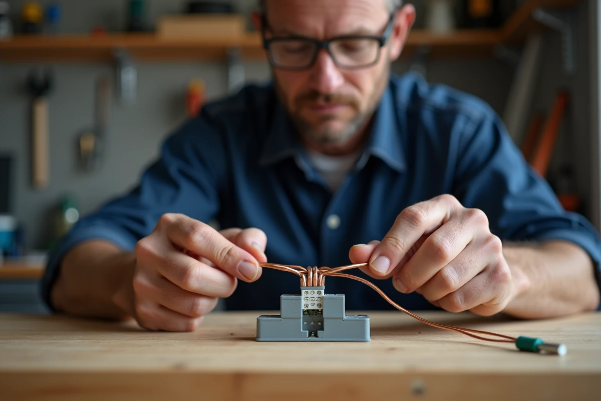 Électricien connectant deux fils de cuivre dans un domino électrique sur un établi en bois