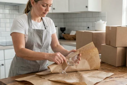 Femme emballant des verres fragiles dans du papier kraft avant un déménagement
