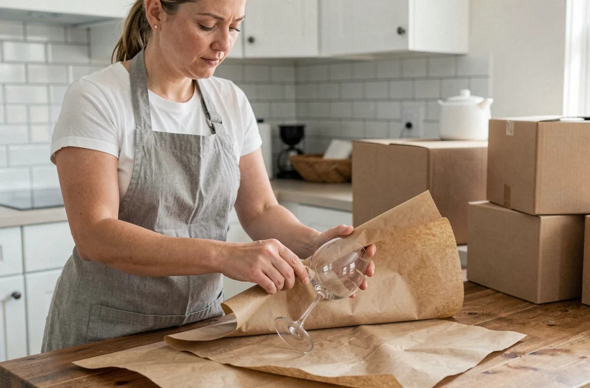 Femme emballant des verres fragiles dans du papier kraft avant un déménagement