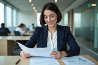 Employée de Maisons du Monde consultant ses droits CSE sur des documents imprimés dans un bureau moderne