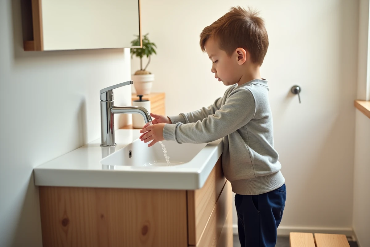 Enfant se lavant les mains sur un lavabo adapté à sa taille avec robinet levier facile à manipuler
