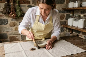 Femme qui enlève la moisissure sur un tissu en lin naturellement avec du bicarbonate de soude et une brosse douce