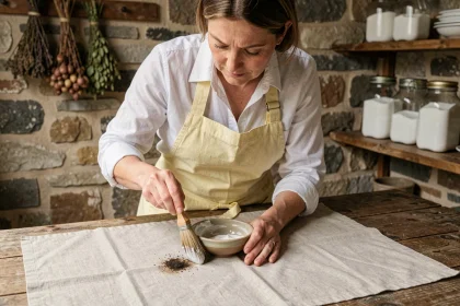 Femme qui enlève la moisissure sur un tissu en lin naturellement avec du bicarbonate de soude et une brosse douce