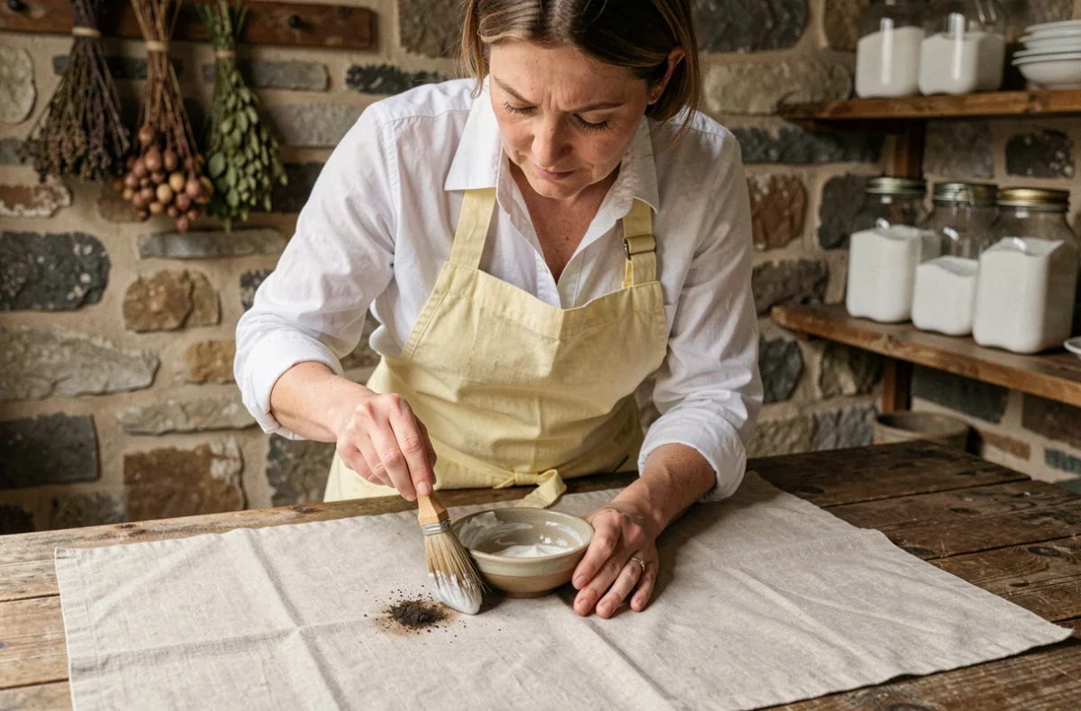Femme qui enlève la moisissure sur un tissu en lin naturellement avec du bicarbonate de soude et une brosse douce