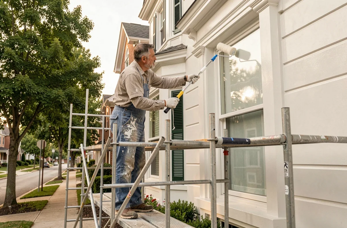 Peintre en bâtiment appliquant de la peinture extérieure sur la façade d'une maison normande