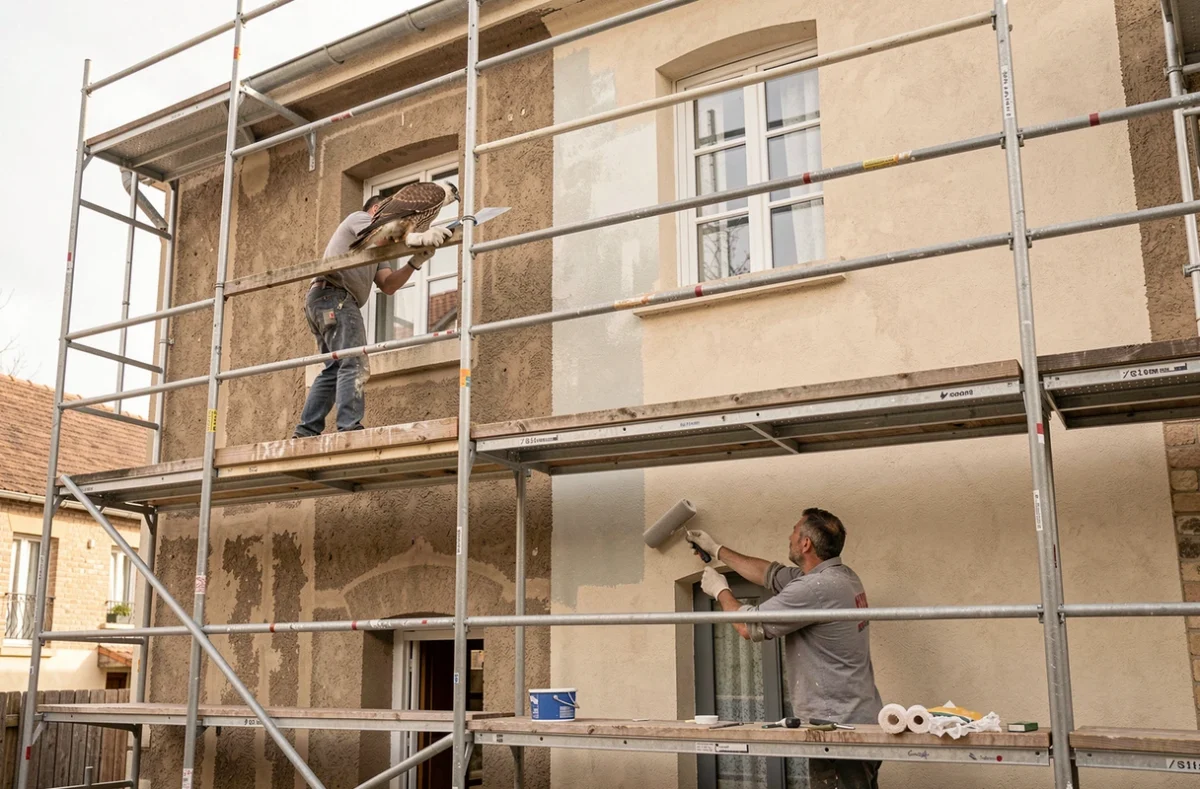 Deux ouvriers effectuant simultanément ravalement et peinture sur une façade de maison française