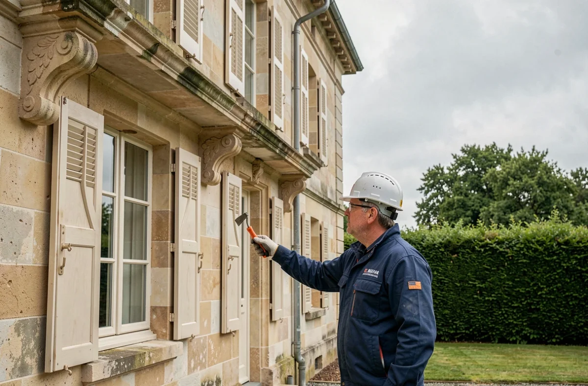 Spécialiste de rénovation de façade évaluant le résultat sur un manoir normand en pierre