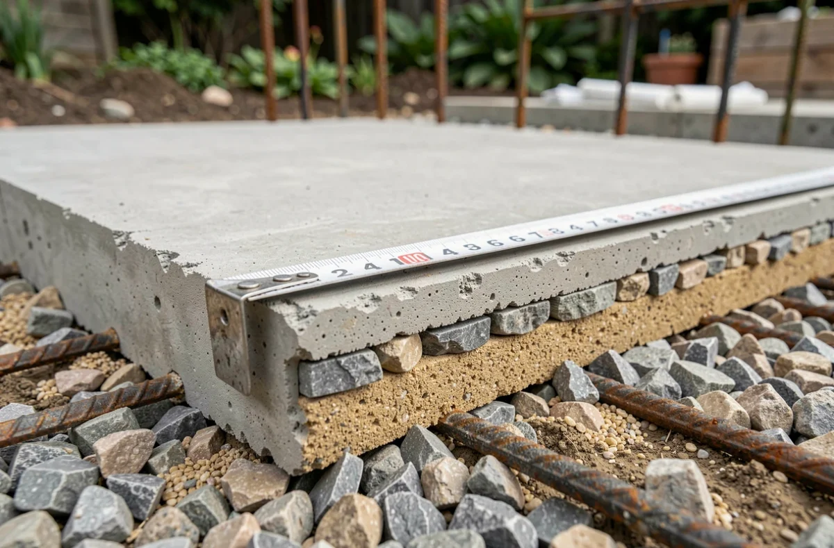 Coupe transversale d'une dalle béton armée sur lit de gravier montrant l'épaisseur idéale pour piscine hors sol