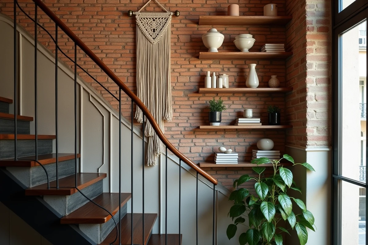 Escalier style parisien avec mur en briques apparentes, macramé en coton, étagères bois flottantes et objets céramiques