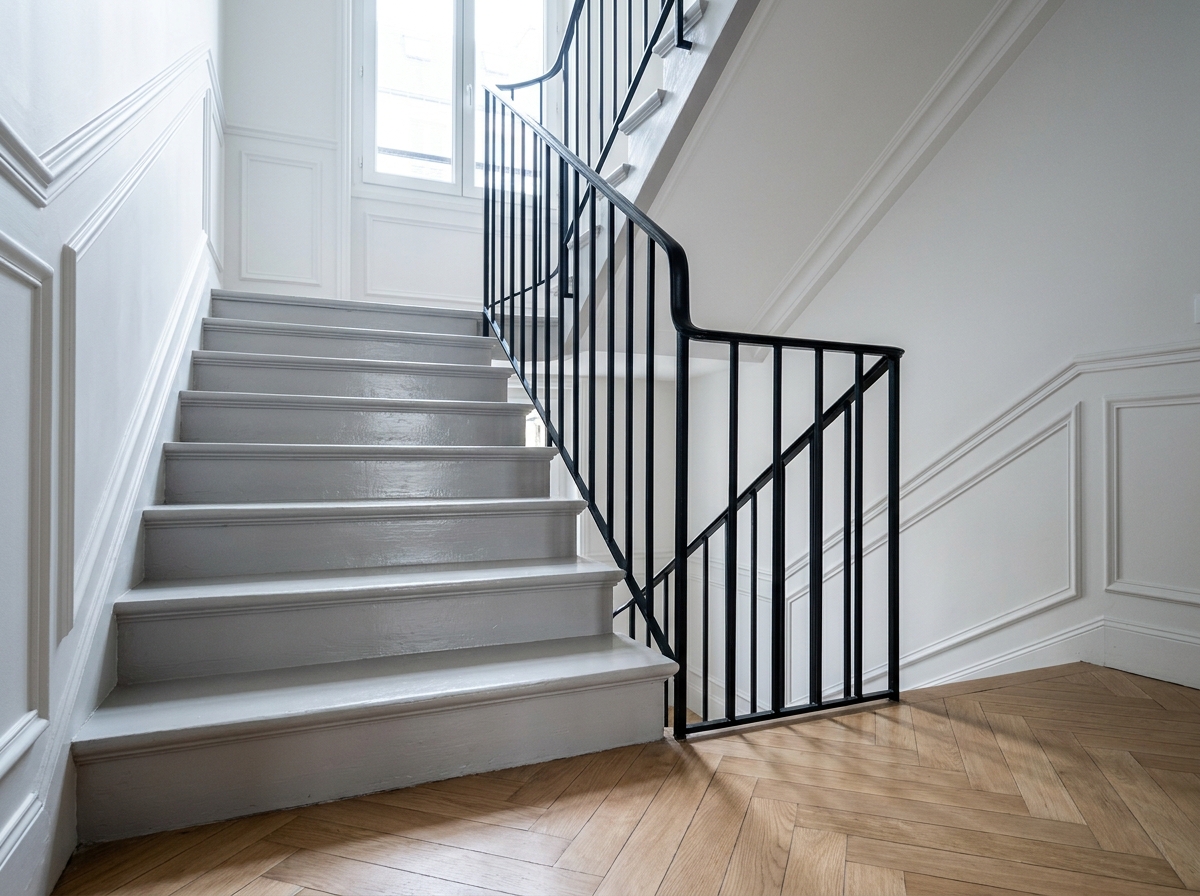 Escalier intérieur entièrement rénové avec marches peintes en gris et rampe en métal noir dans un appartement haussmannien moderne