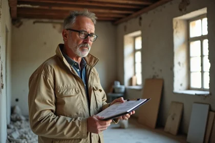 Artisan évaluant les coûts de rénovation dans une maison ancienne avec murs en pierre apparente et poutres en bois