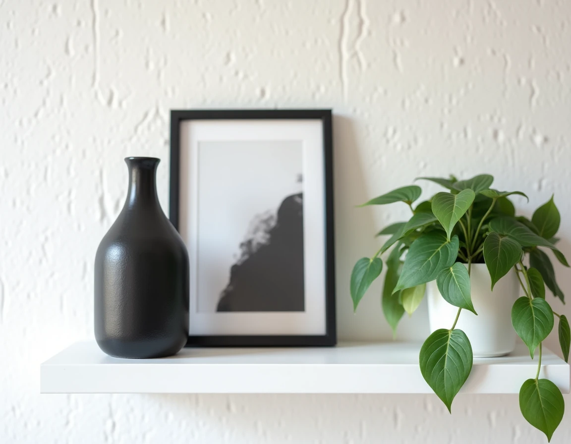 Étagère blanche décorée avec vase noir, plante verte et tableau monochrome dans un salon à petit budget