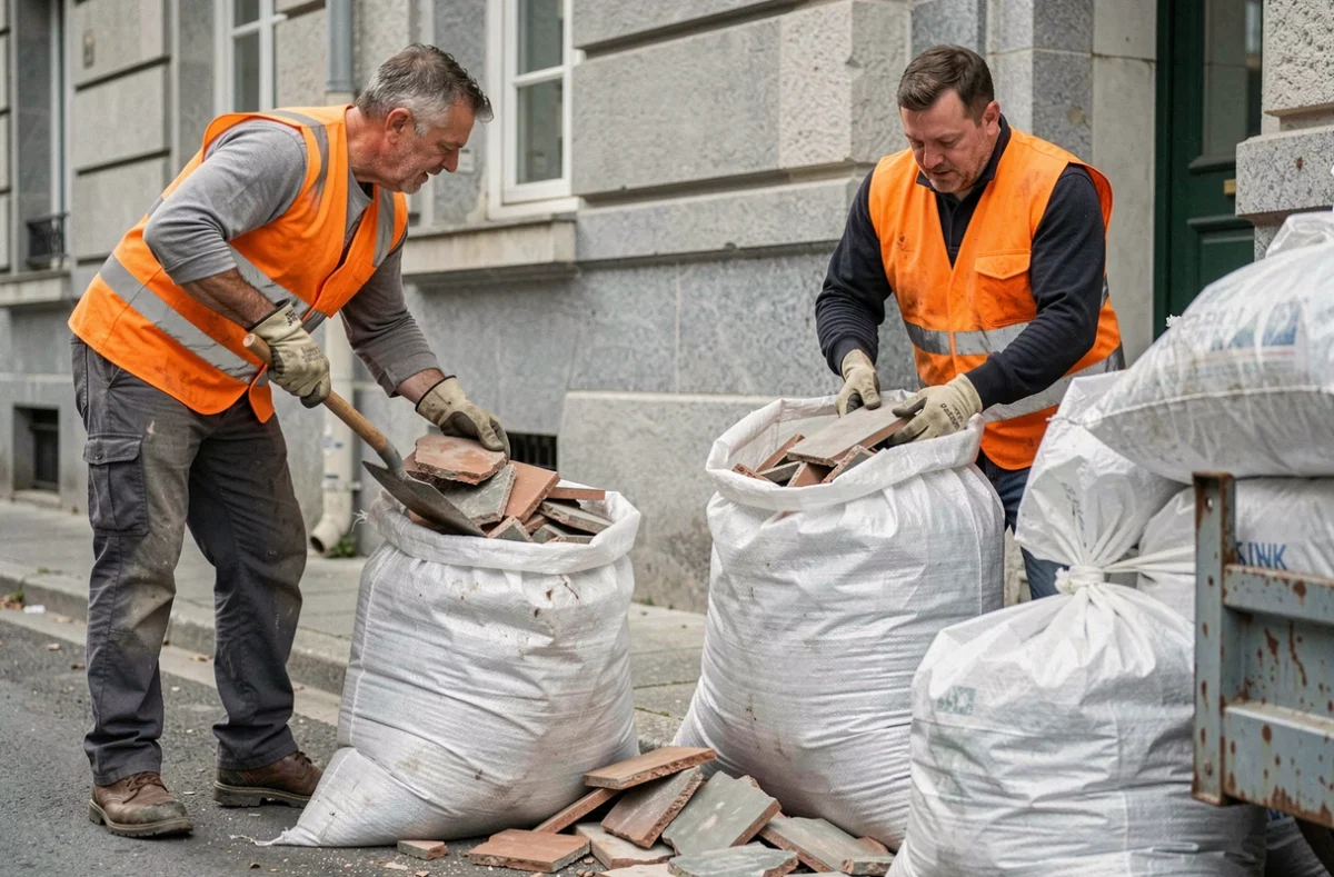 Deux ouvriers évacuant des sacs de gravats de carrelage démoli vers une benne de chantier devant un immeuble résidentiel