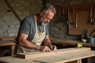 Artisan mesurant une planche en bois de chêne brut dans un atelier artisanal pour fabriquer des volets en bois