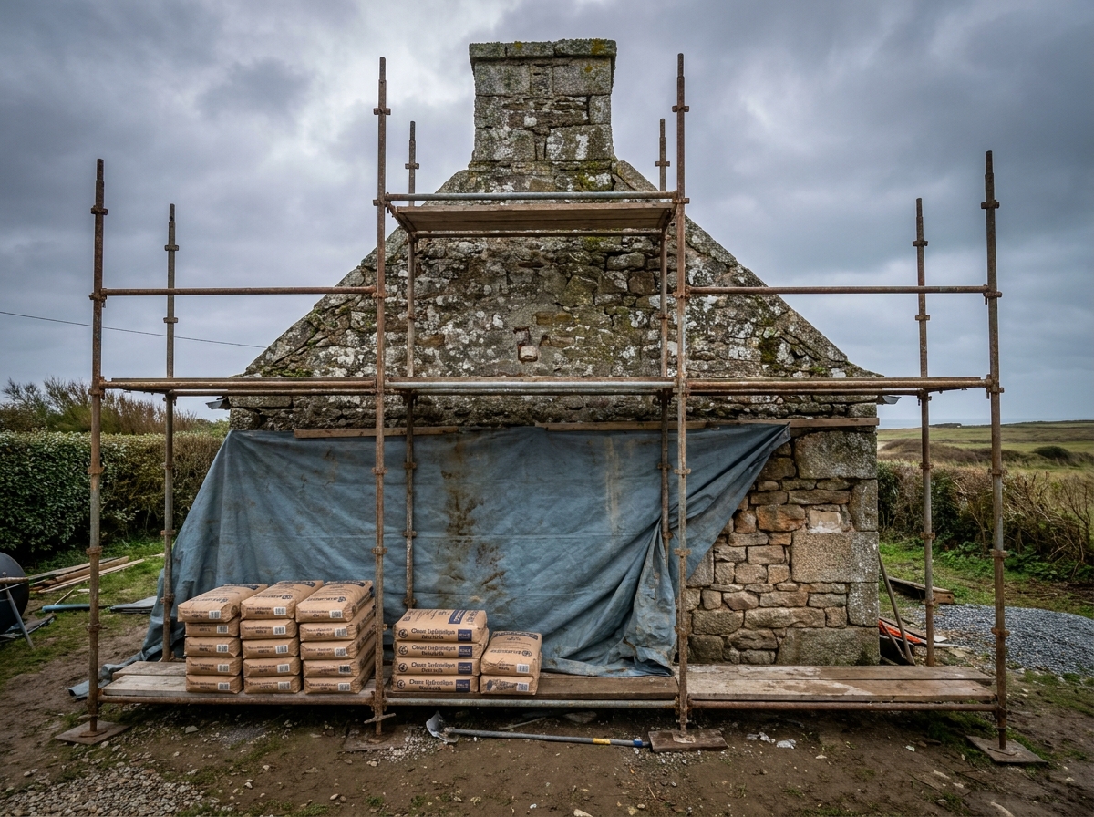 Façade en pierre d'une maison bretonne traditionnelle avec échafaudage pendant des travaux de réfection des murs extérieurs