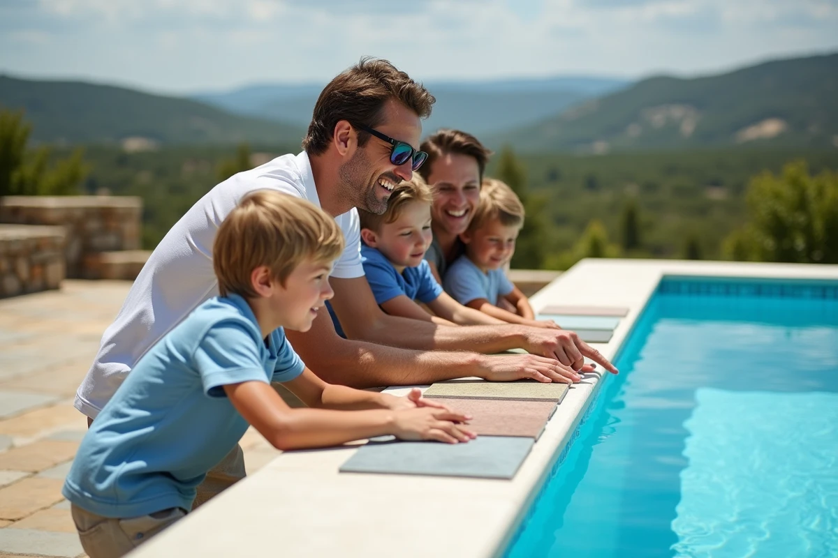 Famille regardant les carreaux de piscine colorés ensemble