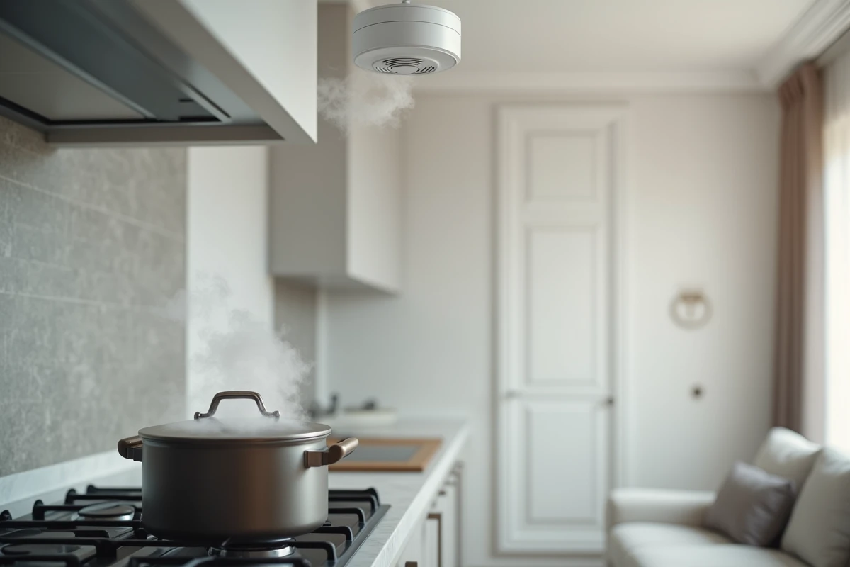 Détecteur de fumée sur le plafond d'un appartement déclenchant une fausse alarme à cause de la vapeur d'une casserole sur la cuisinière