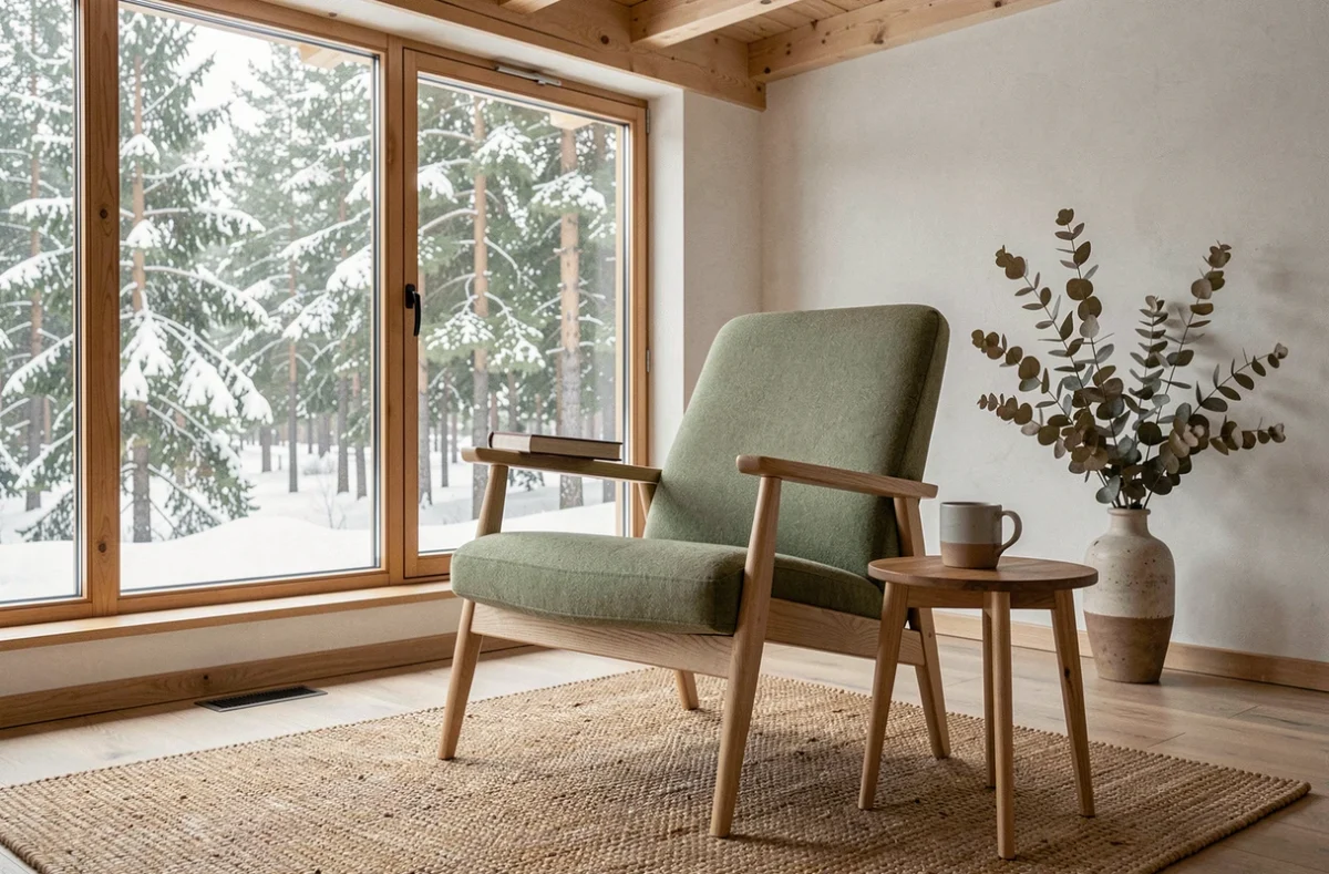 Fauteuil scandinave en chêne clair tapissé de laine vert sauge avec livre posé sur l'accoudoir près d'une fenêtre donnant sur une forêt enneigée