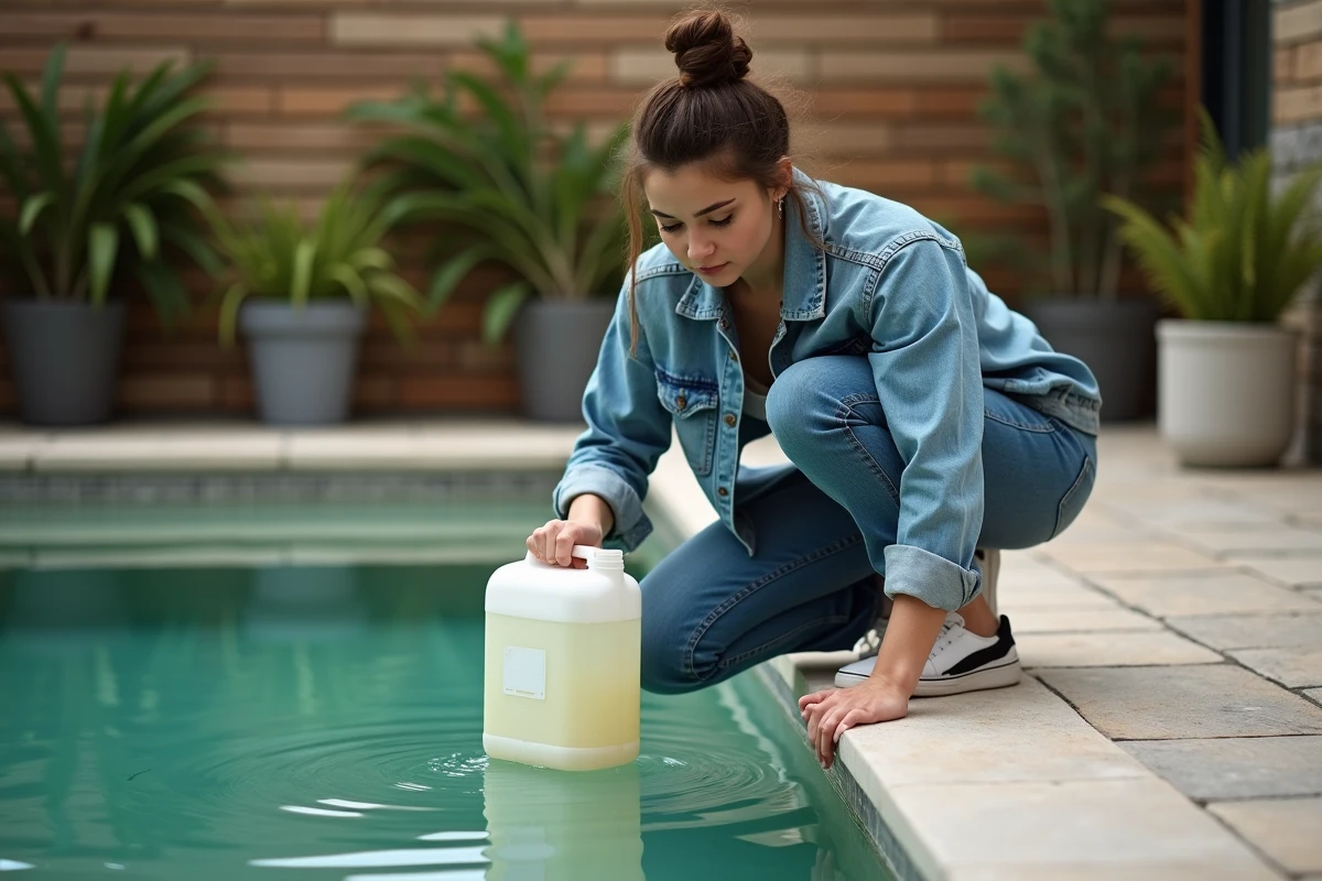 Jeune femme versant des produits dans la piscine