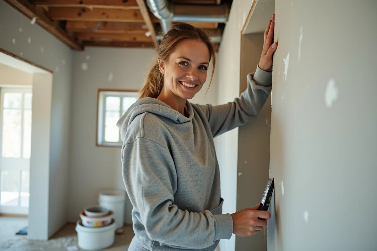 Femme appliquant du joint sur des murs en placo dans un sous-sol