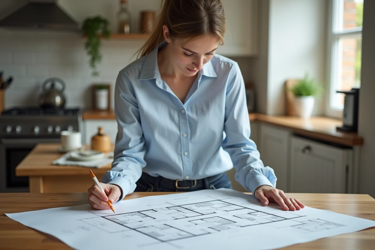 Femme examinant un plan architectural à la cuisine