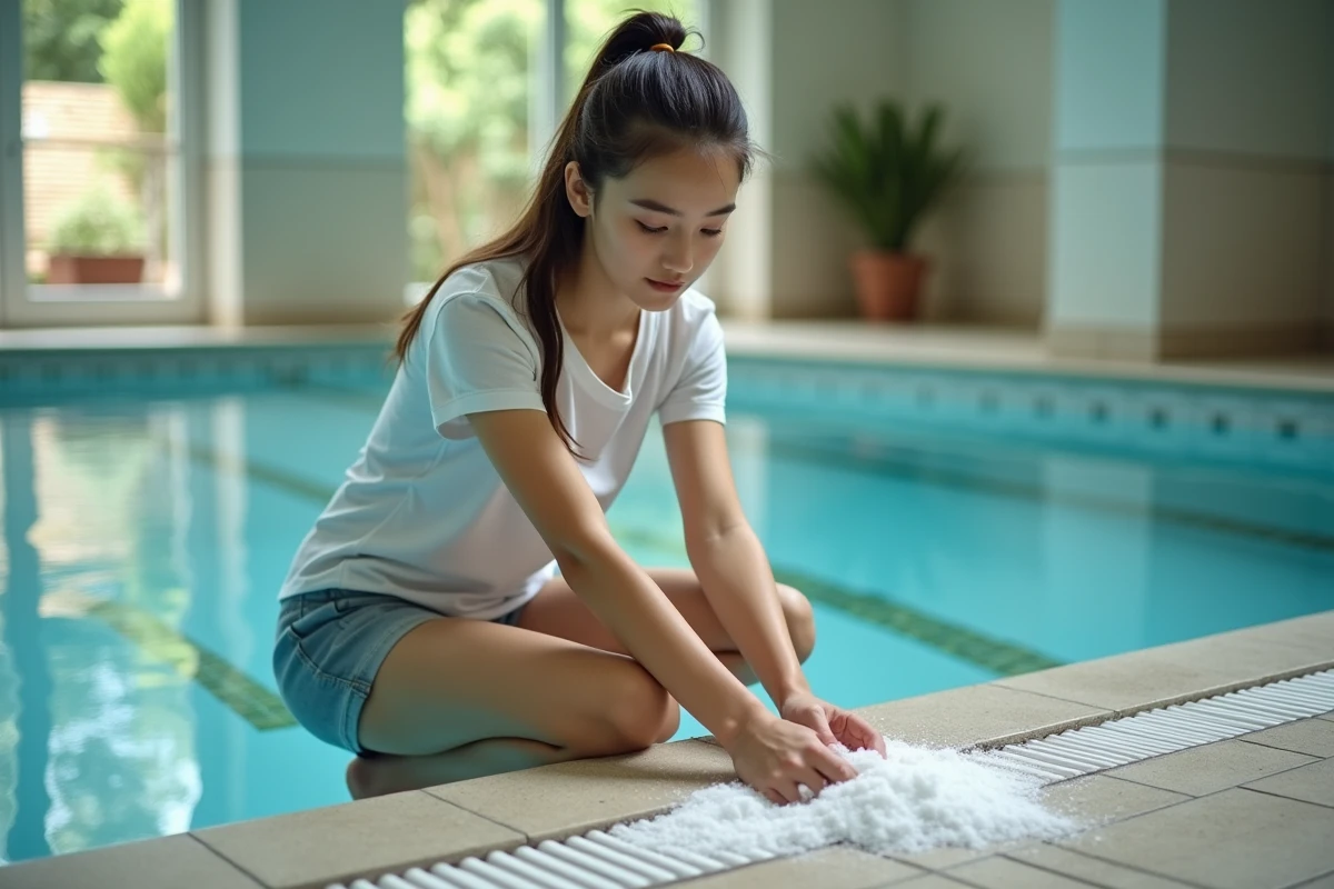Jeune femme saupoudrant du bicarbonate dans une piscine intérieure