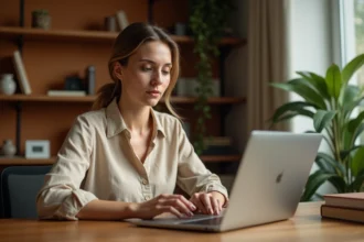 Femme utilisant un blog ou une plateforme de médias sociaux sur son ordinateur portable dans un bureau à domicile moderne