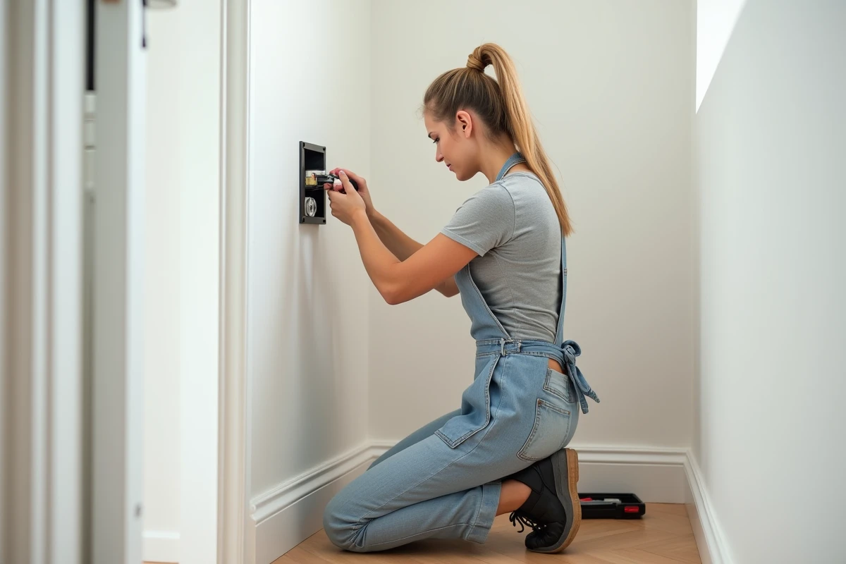 Femme bricolant un rallongement de câble électrique avec des dominos dans un couloir résidentiel