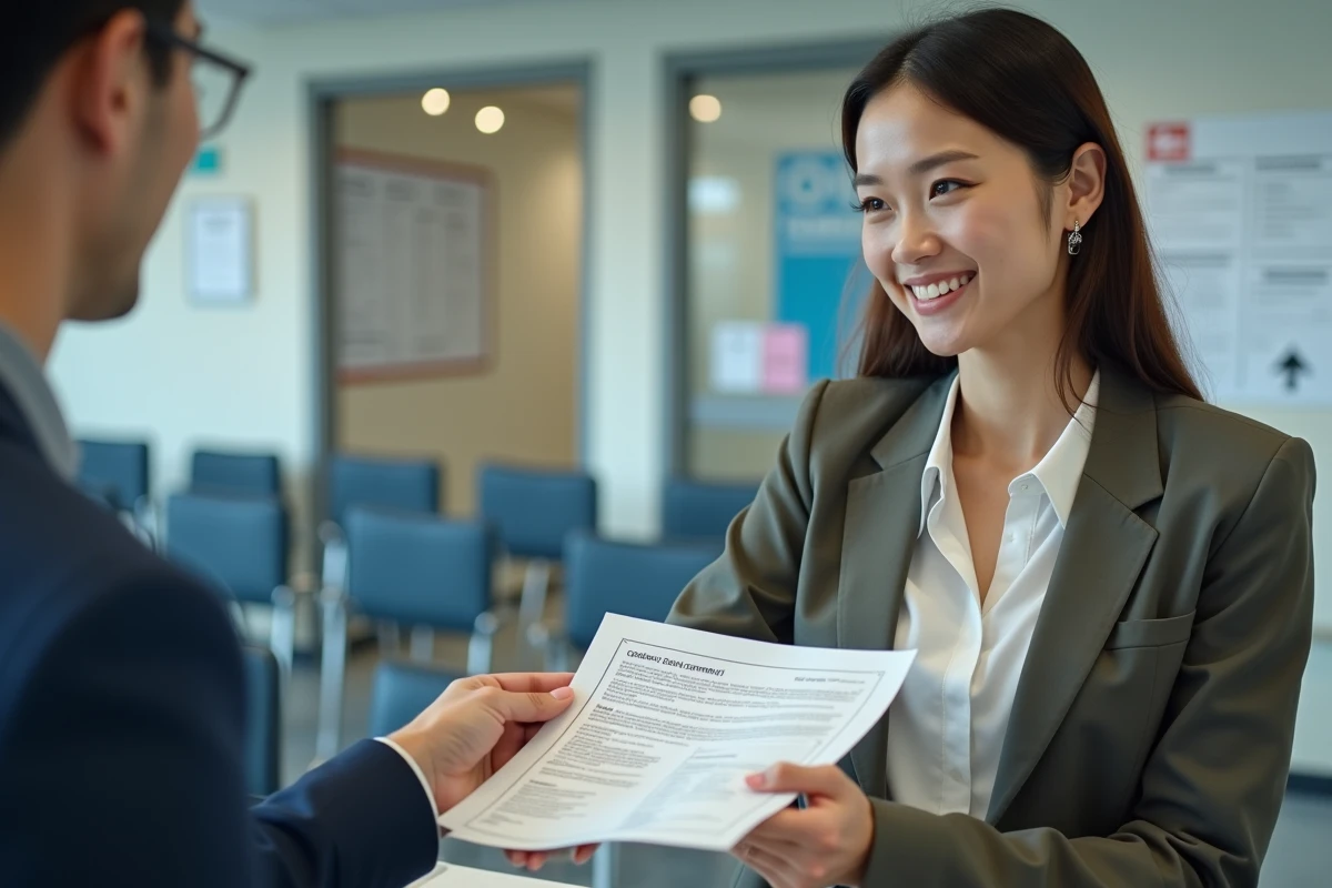 Jeune femme remettant un certificat à un client au guichet