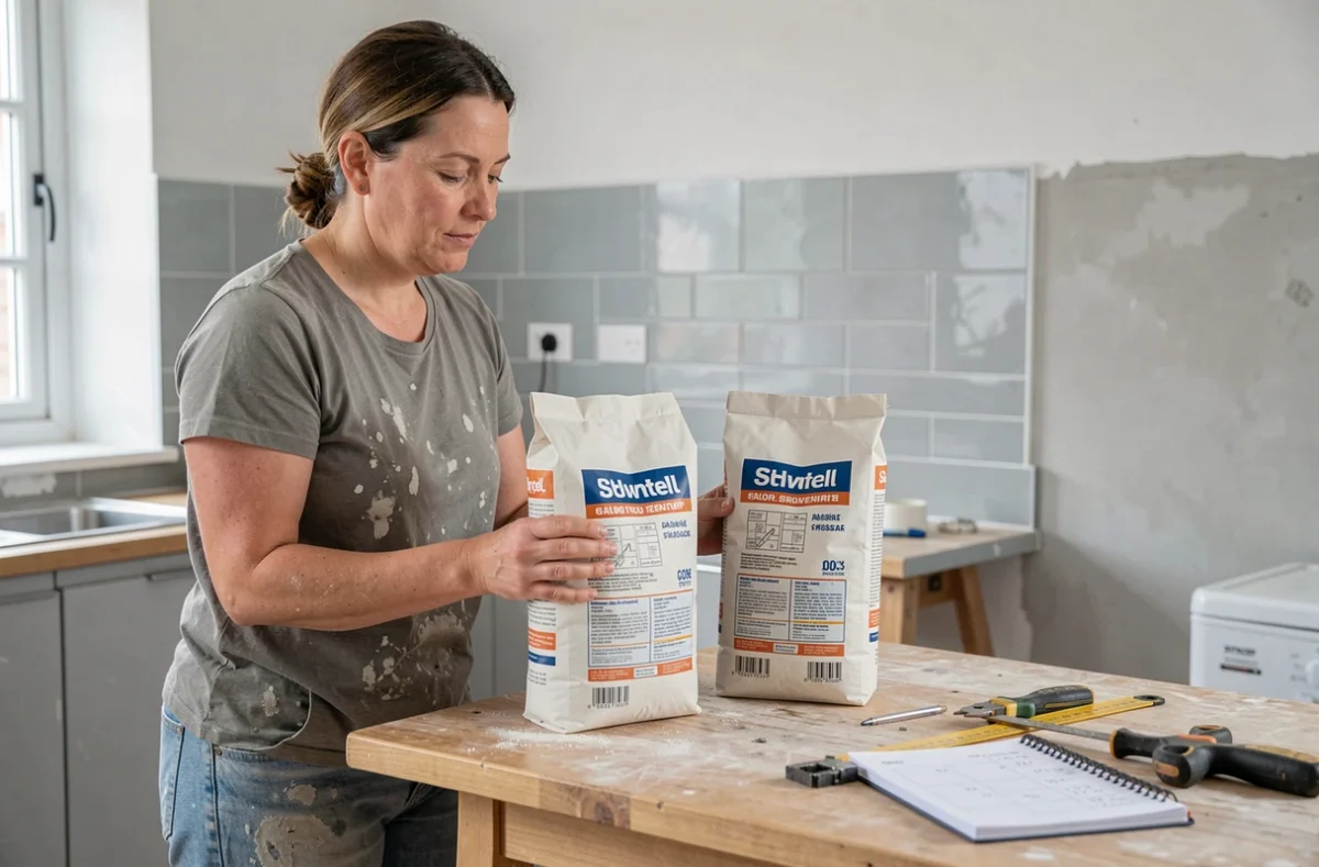 Femme comparant deux sacs de colle à carrelage en poudre pour estimer la quantité nécessaire pour une rénovation de cuisine