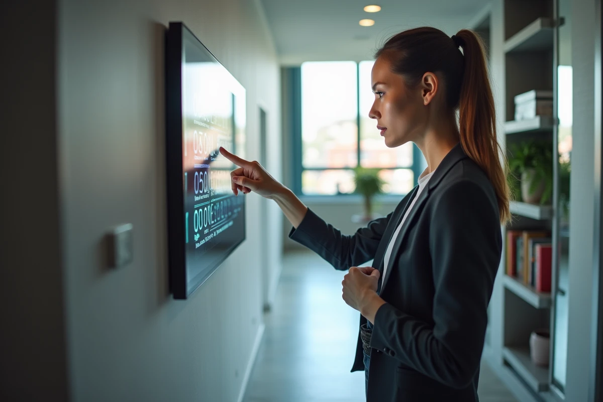 Jeune femme regardant un panneau de contrôle dans un appartement urbain