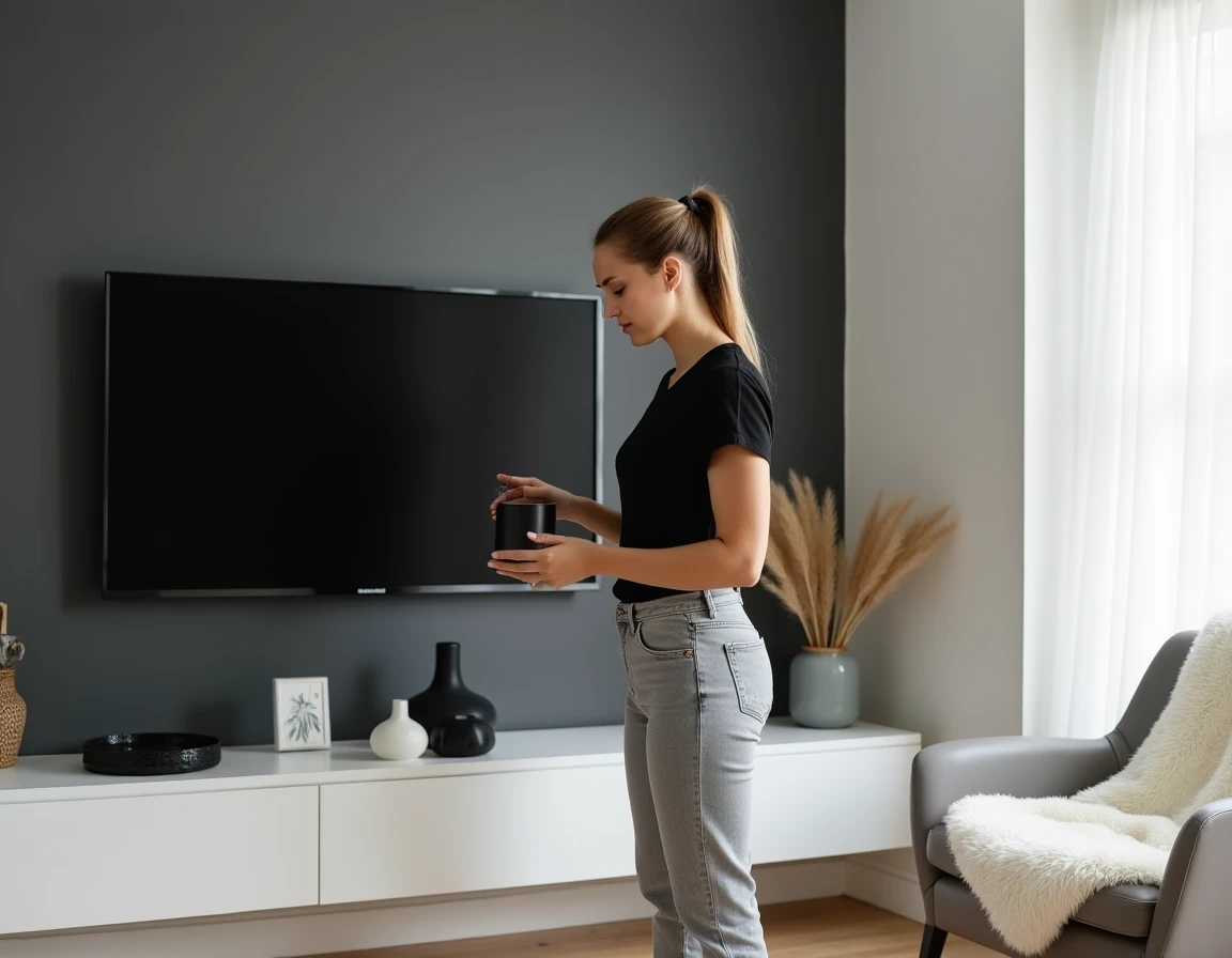 Femme arrangeant des accessoires décoratifs noirs et blancs sur un meuble TV dans un salon minimaliste