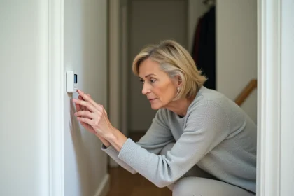 Femme examinant un détecteur d'humidité fixé sur un mur intérieur dans un couloir d'appartement moderne