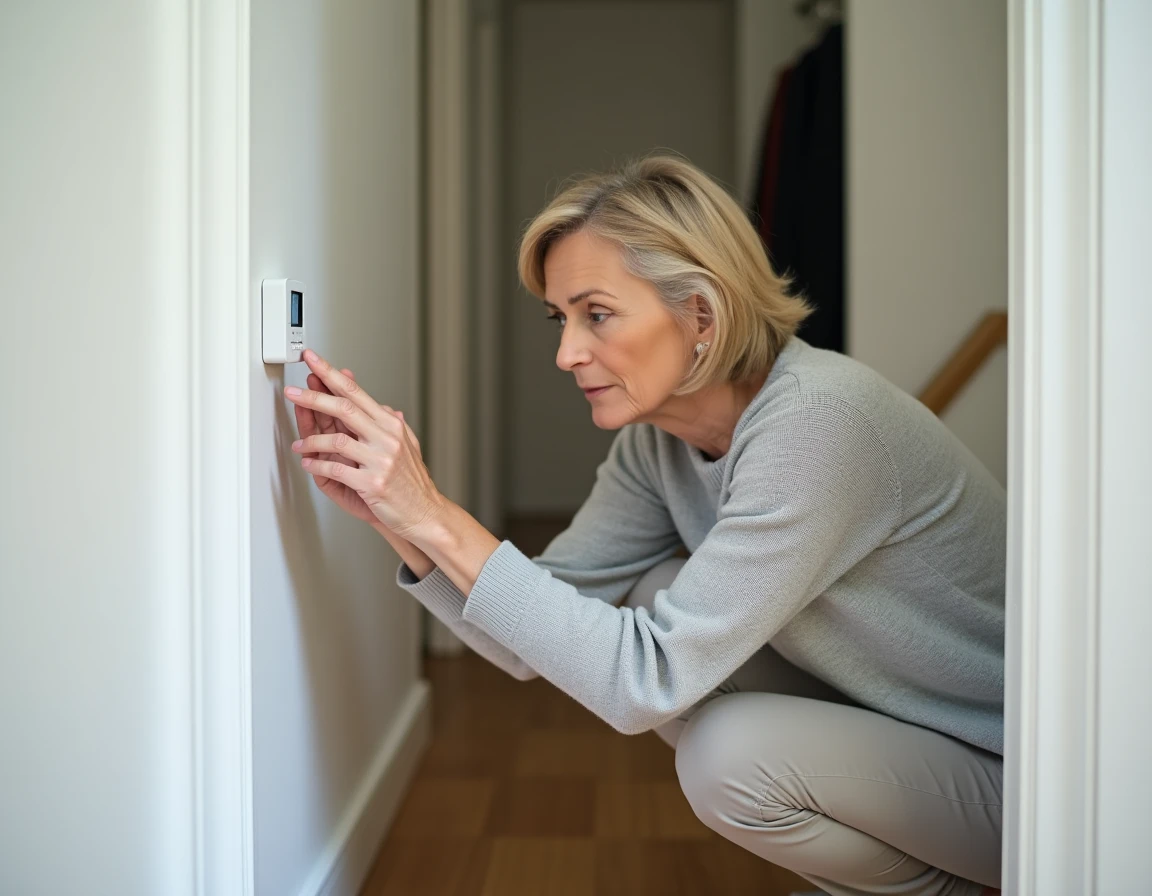 Femme examinant un détecteur d'humidité fixé sur un mur intérieur dans un couloir d'appartement moderne
