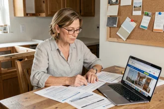 Femme consultant des devis de rénovation de cuisine sur une table en bois avec échantillons de carrelage et ordinateur portable