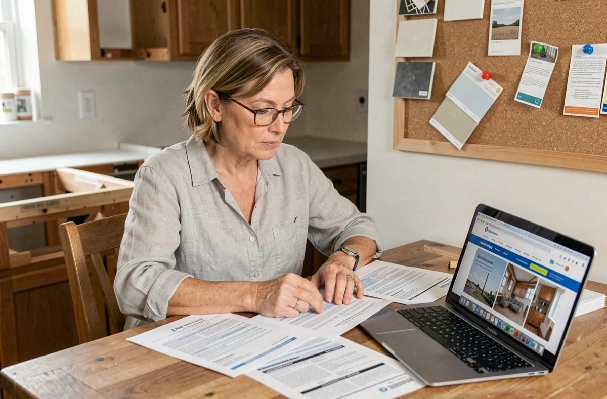 Femme consultant des devis de rénovation de cuisine sur une table en bois avec échantillons de carrelage et ordinateur portable