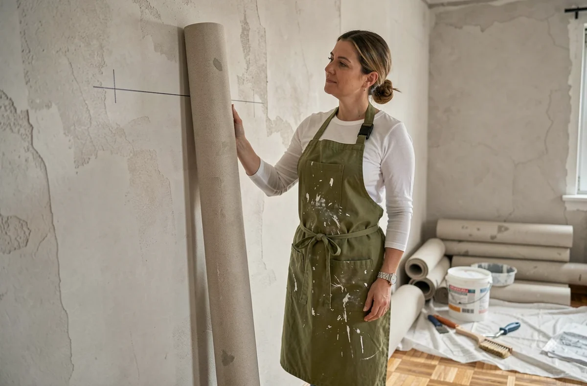 Femme tenant un rouleau de papier peint contre un mur pour estimer la longueur nécessaire