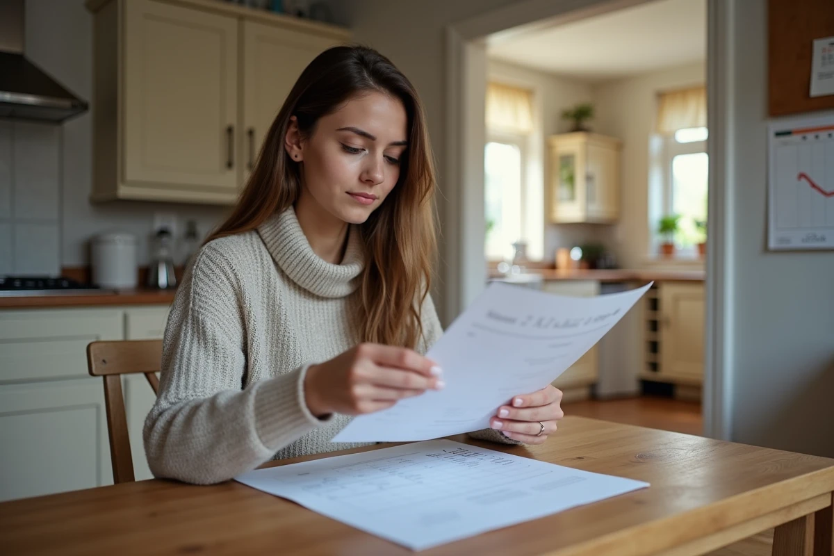 Femme analysant un devis de chaudière dans sa cuisine lumineuse