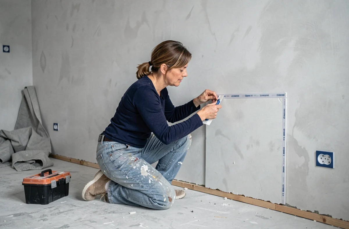 Femme fixant un isolant mince sur un mur en plâtre intérieur avec du ruban adhésif double face lors de travaux de rénovation