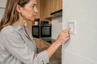 Femme appuyant sur un interrupteur bouton poussoir électrique dans une cuisine moderne pour réduire sa consommation d'énergie