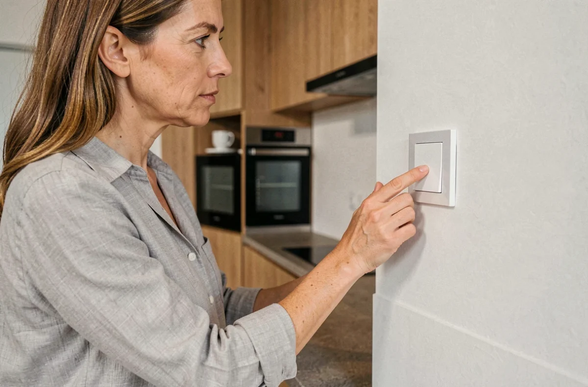 Femme appuyant sur un interrupteur bouton poussoir électrique dans une cuisine moderne pour réduire sa consommation d'énergie
