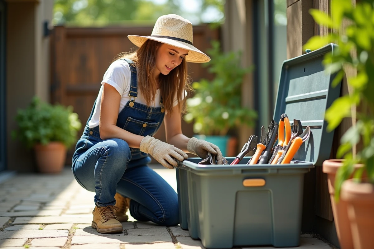 Jeune femme en overalls organise ses outils de jardinage
