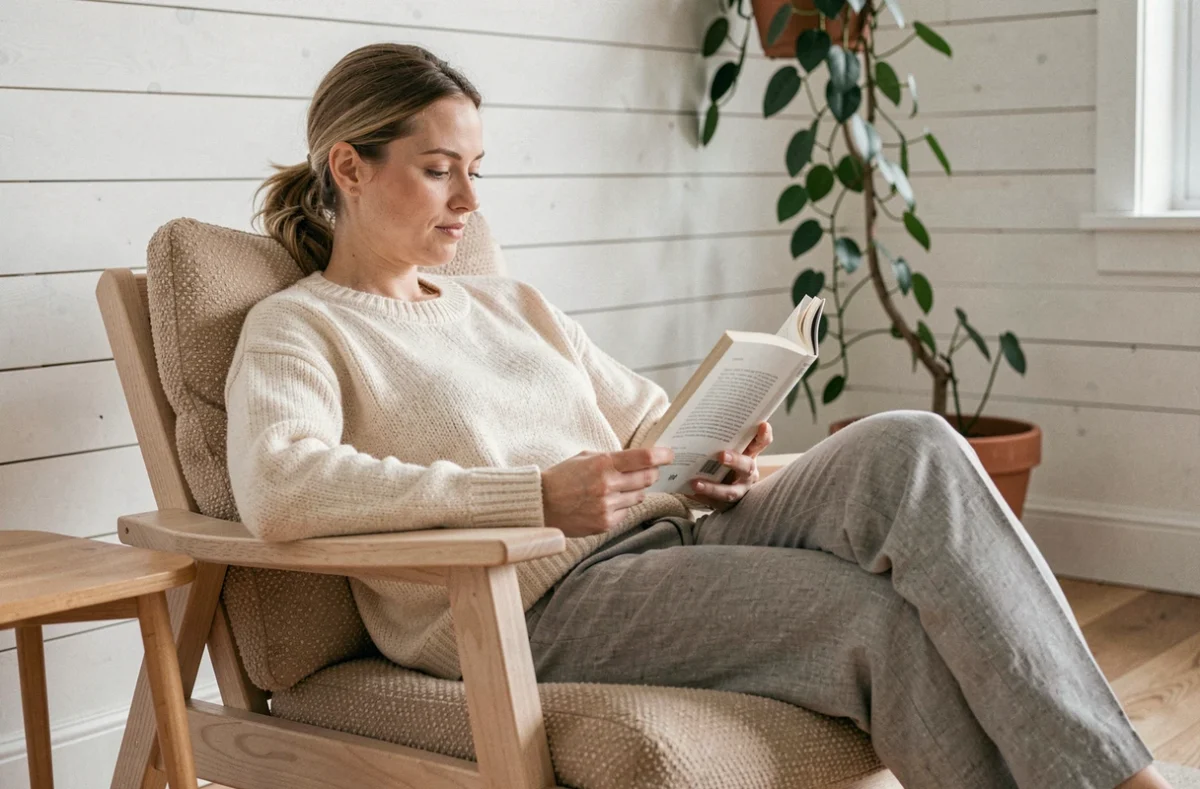 Femme lisant dans un fauteuil scandinave en bois clair avec coussin bouclé crème dans un salon minimaliste aux murs blancs