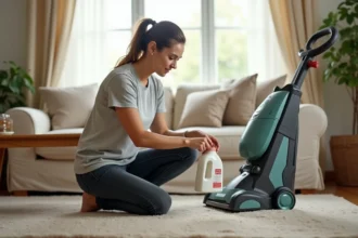 Femme lisant l'étiquette d'une lessive avant d'utiliser une shampouineuse pour nettoyer un tapis de salon