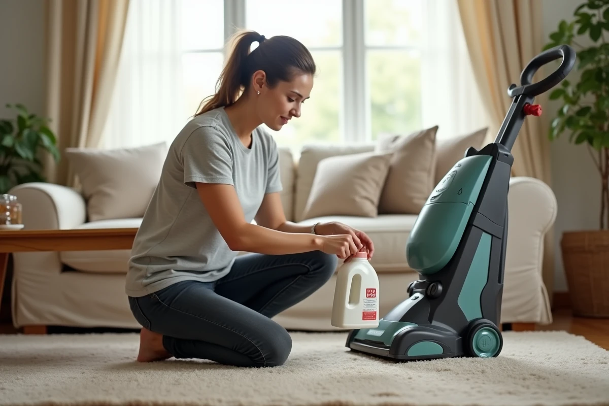 Femme lisant l'étiquette d'une lessive avant d'utiliser une shampouineuse pour nettoyer un tapis de salon